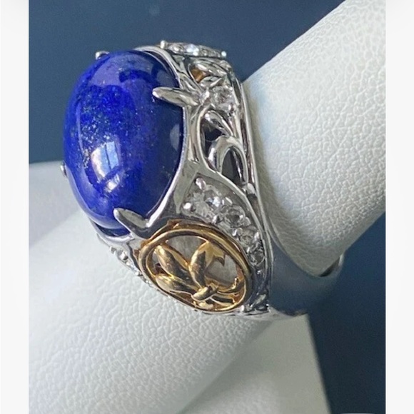 925 Sterling Silver Lapis Lazuli & White Topaz Fleur De Lis Boutique Ring 8.5 - Picture 9 of 12